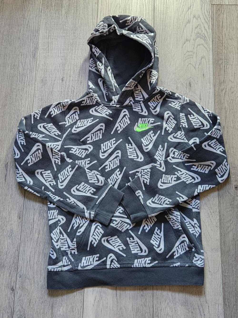 Men's Nike All-Over Logo Print Black Grey Hoodie Sweatshirt Size Youth Kid's L